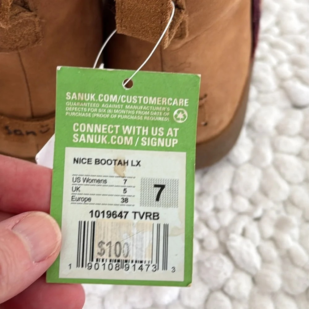 NWT SANUK Nice Bootah LX boots size 7 brown suede slip on faux shearling ankle